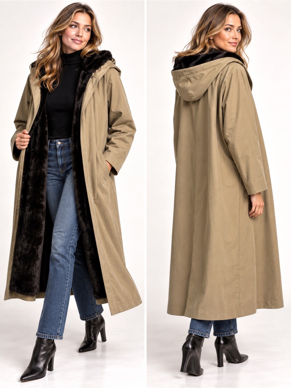 Carol Cohen Collectibles Hooded Long Coat | Faux Fur Lined | Trench Beige